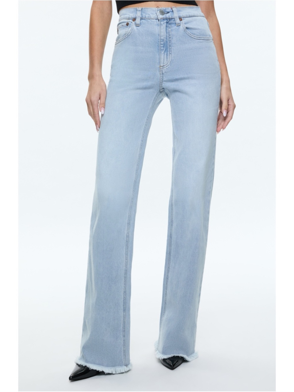 Alice + Olivia Bodie High Rise Bootcut Jeans Raw Hem Lenora Light Blue Size 27